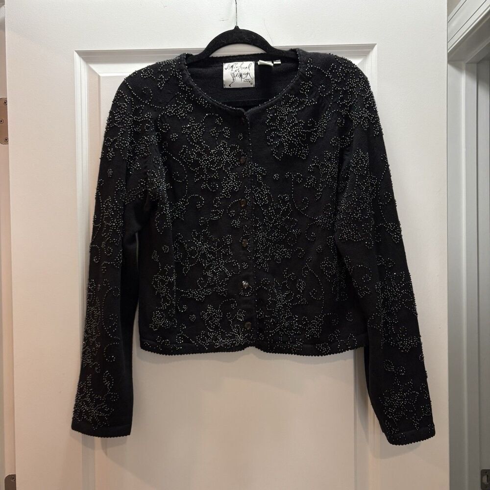 Michael Simon Cardigan Sweater Beaded Floral Women’s L BLACK